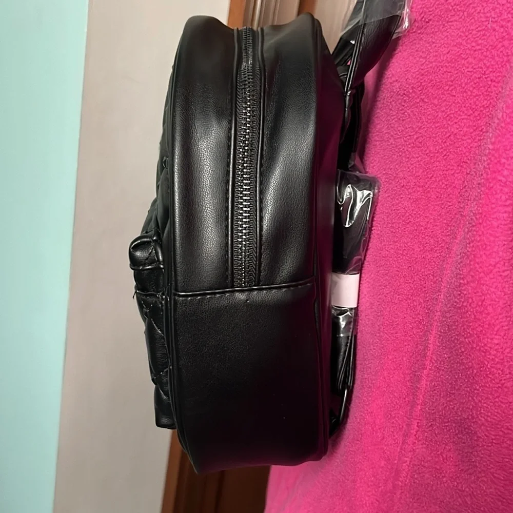 Badgley Mischka   Mini Backpack  Black Vegan Leather  Quilted Puffer front pocke